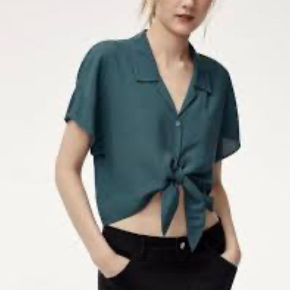Aritzia Wilfred Free Teal Button-Up Tie Front Blouse